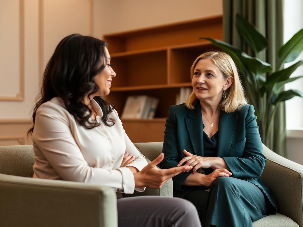Atendimento acolhedor entre duas mulheres em uma sala clara